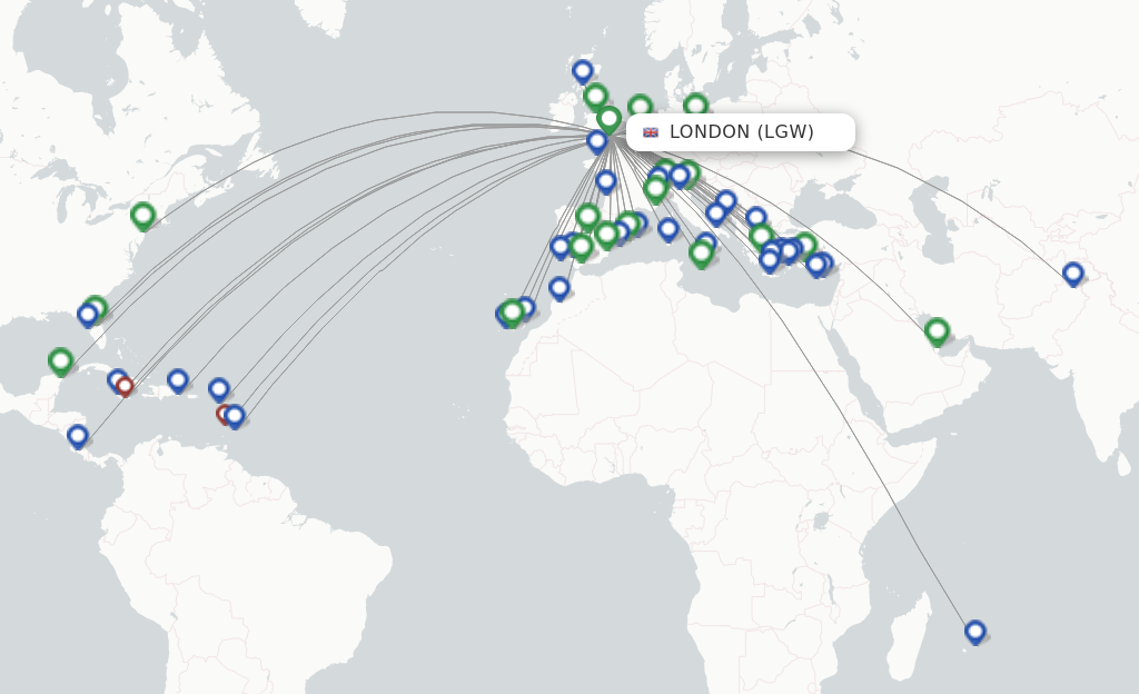 Route map with flights from London with British Airways