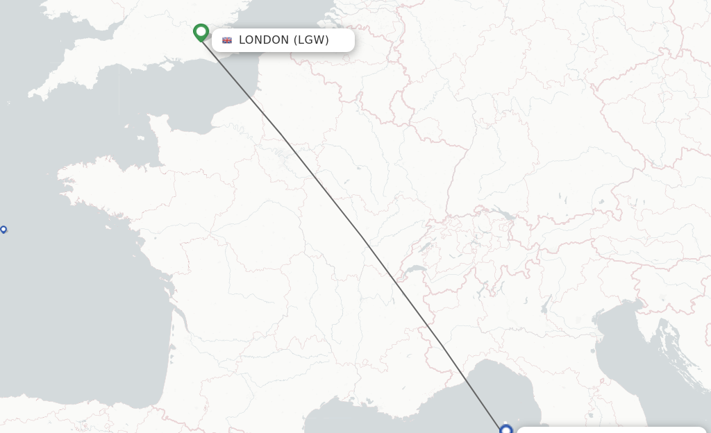 Flights from London to Bastia route map