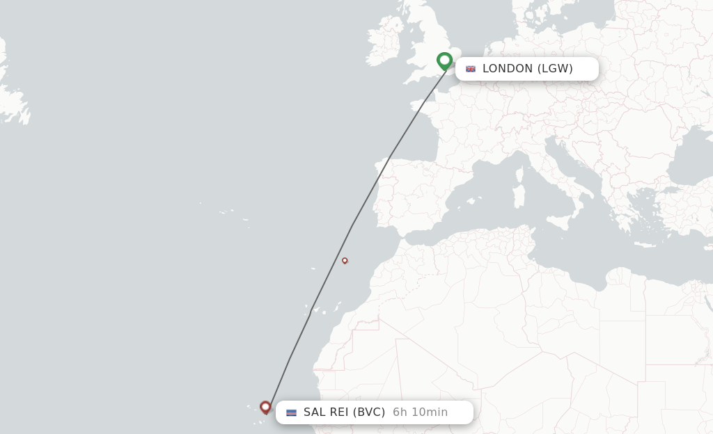 Flights from London to Boa Vista route map