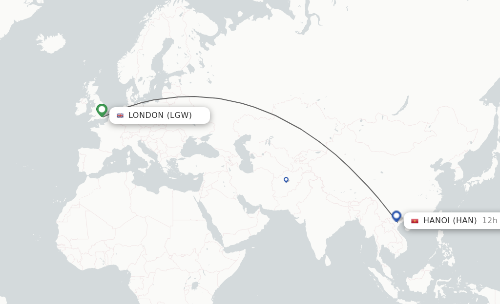 Flights from London to Hanoi route map