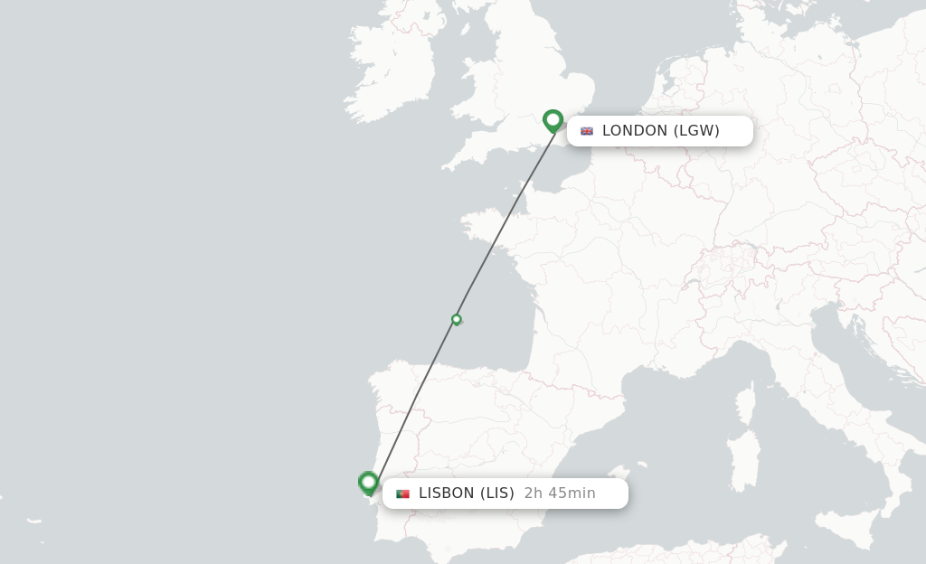 Flights from London to Lisbon route map