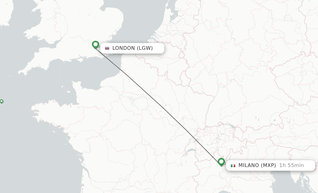 Flights from London to Milan route map