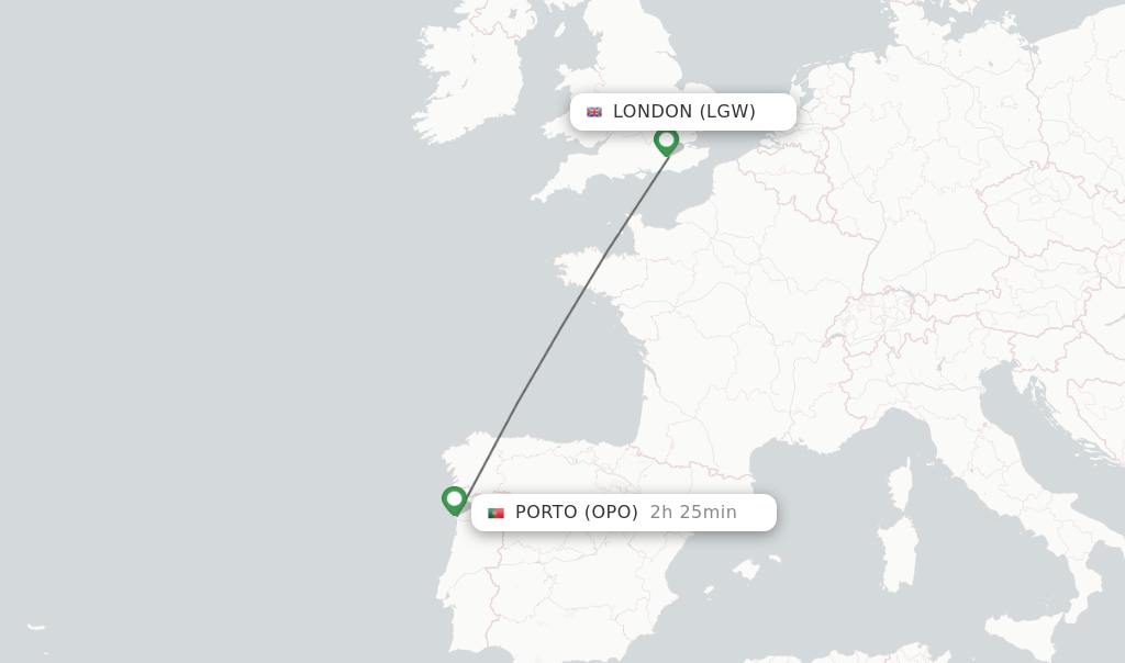 Flights from London to Porto route map