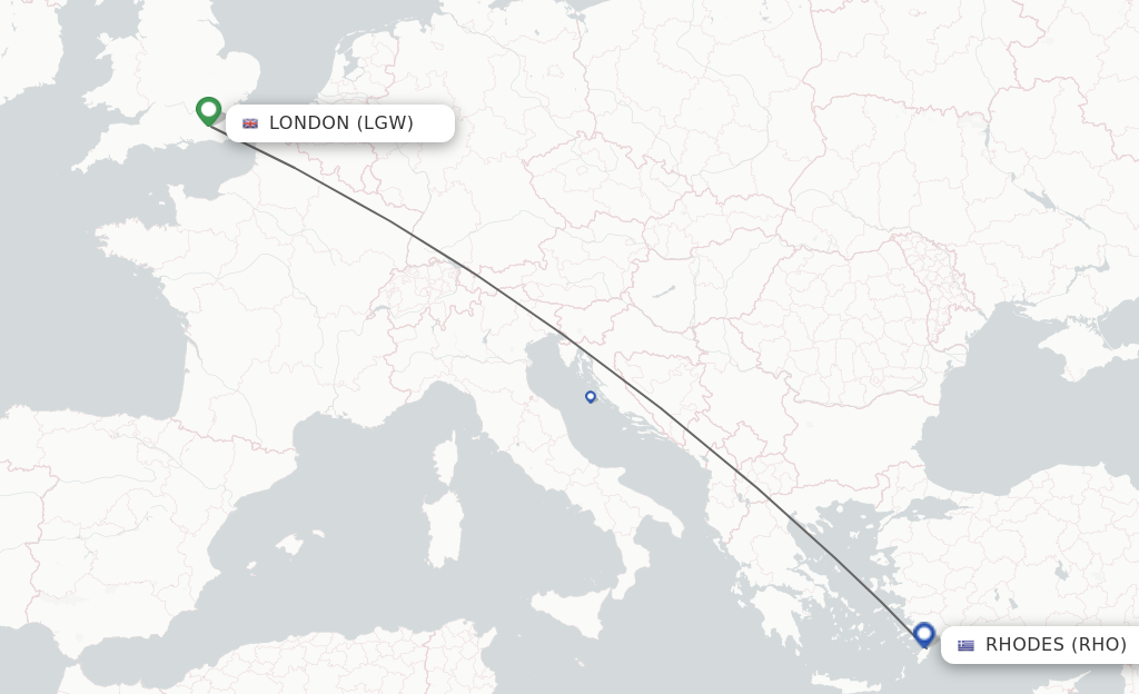 Flights from London to Rhodes route map