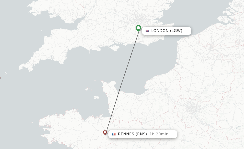 Flights from London to Rennes route map