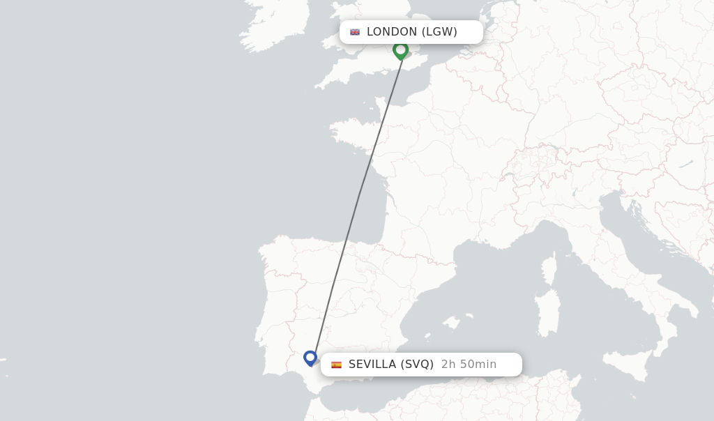 Flights from London to Sevilla route map