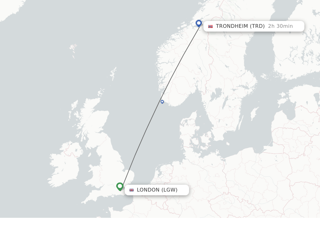 Flights from London to Trondheim route map