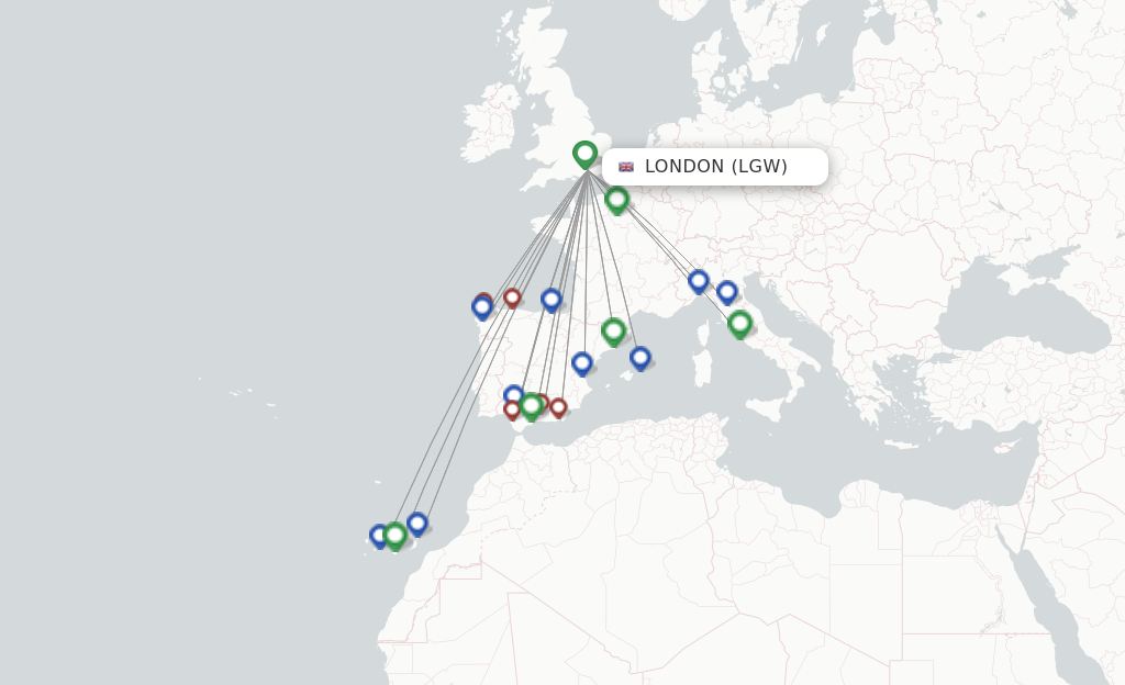 Route map with flights from London with Vueling