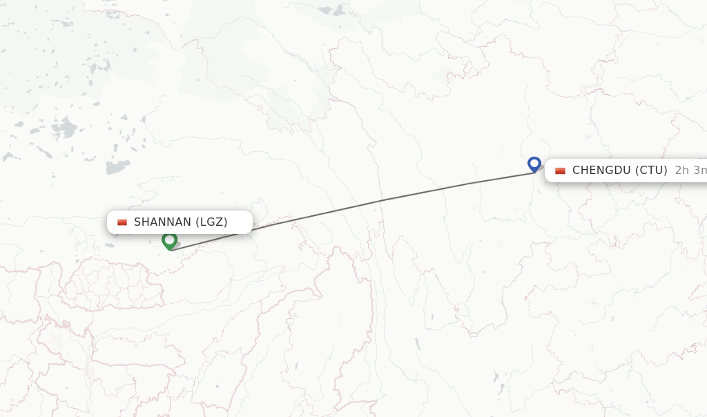 Flights from Chengdu to Shannan route map