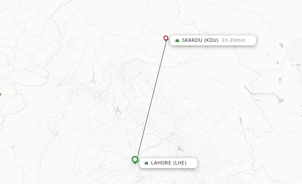 Flights from Lahore to Skardu route map