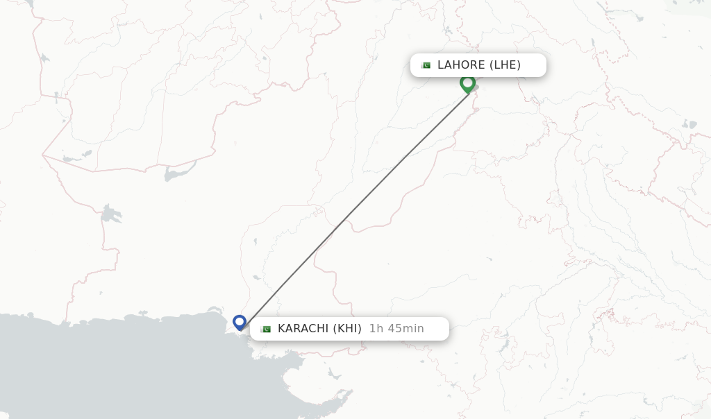 Flights from Lahore to Karachi route map