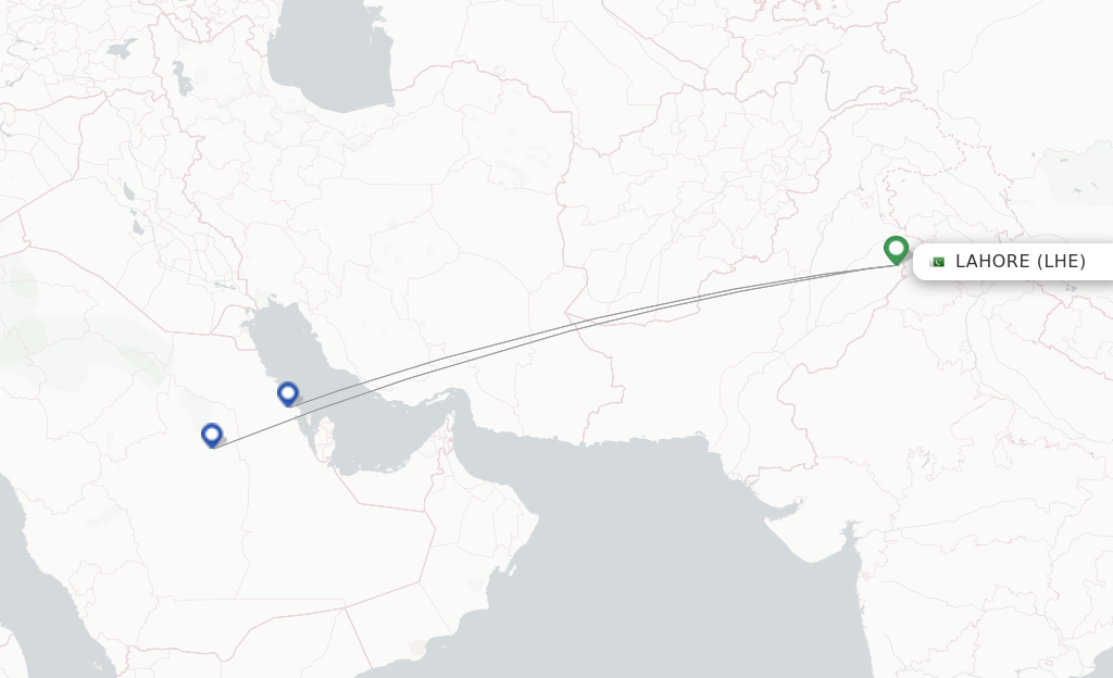 Route map with flights from Lahore with Flynas