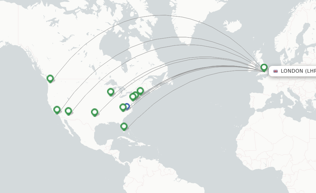 Route map with flights from London with American Airlines