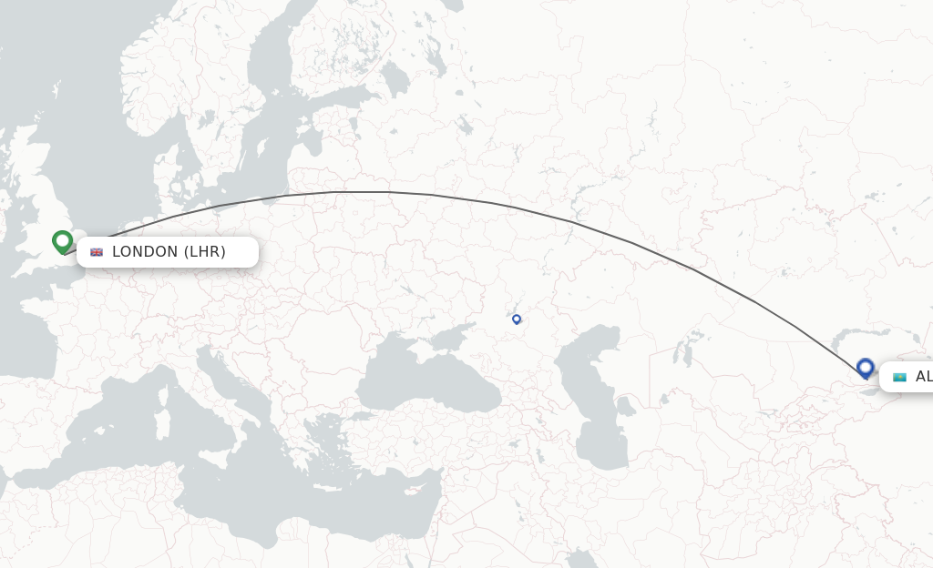 Flights from London to Alma-Ata route map