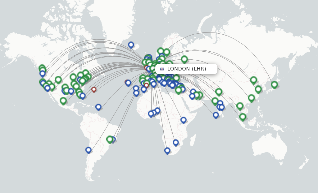 Route map with flights from London with British Airways