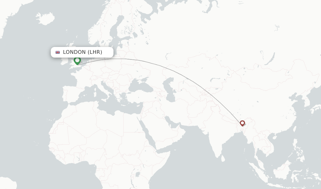 Route map with flights from London with Biman