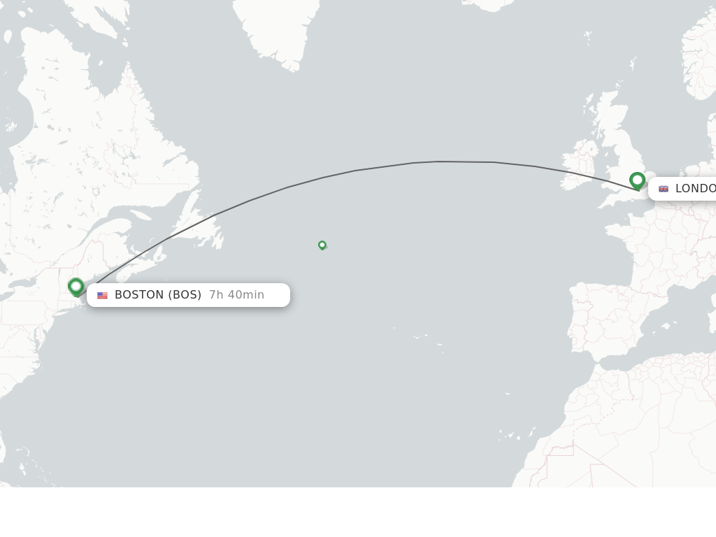 Flights from London to Boston route map