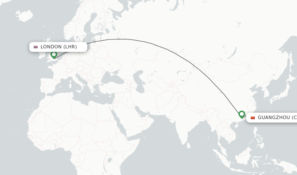 Flights from London to Guangzhou route map