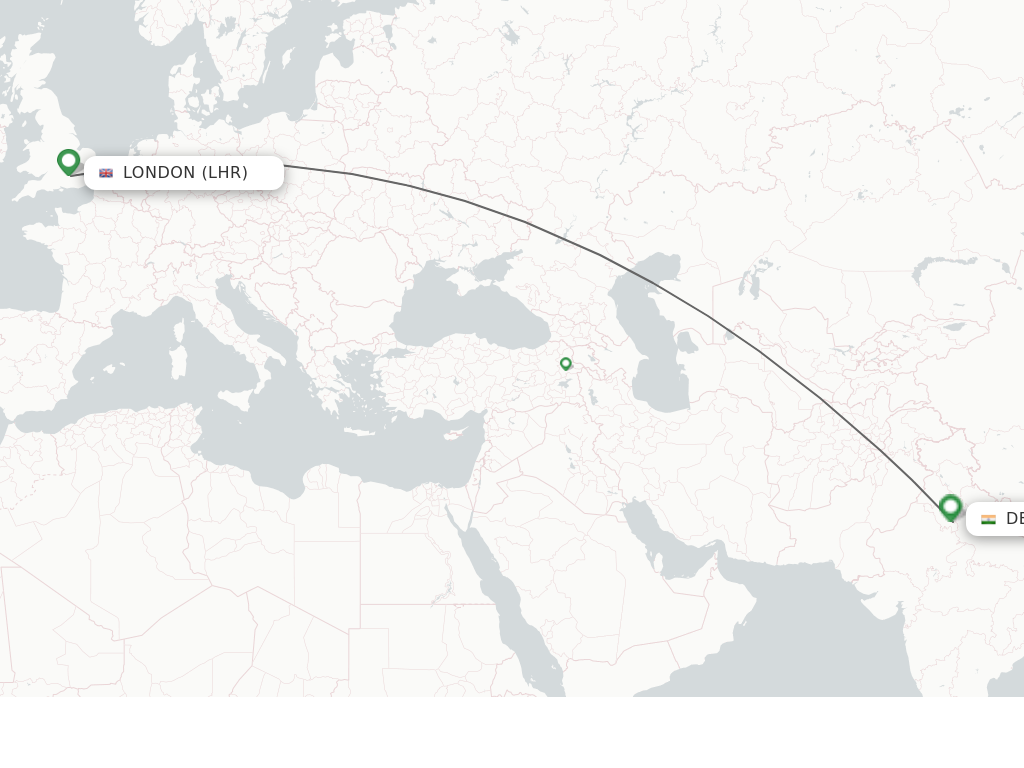 Flights from London to Delhi route map