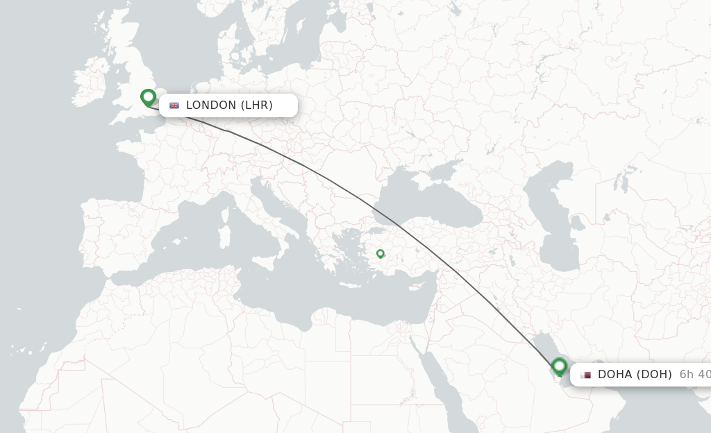 Flights from London to Doha route map