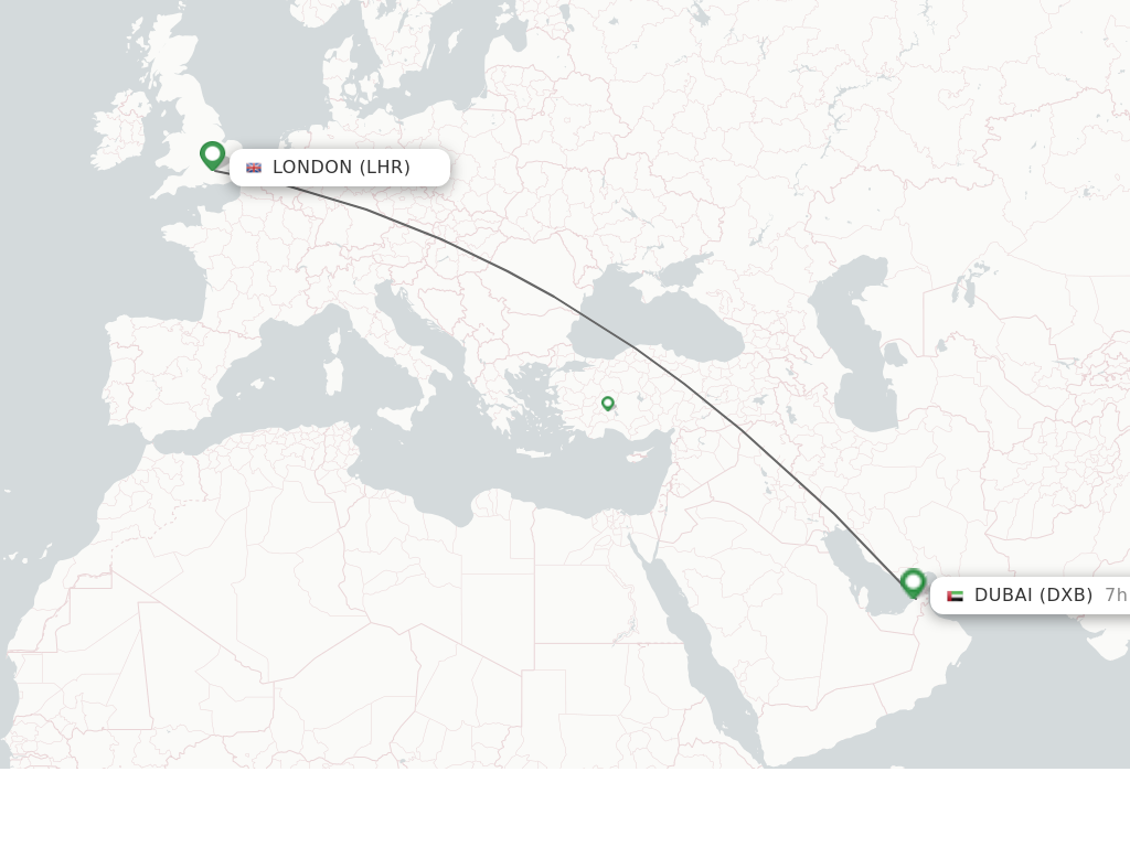 Flights from London to Dubai route map