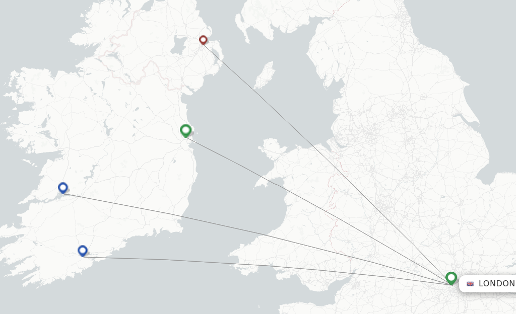 Route map with flights from London with Aer Lingus