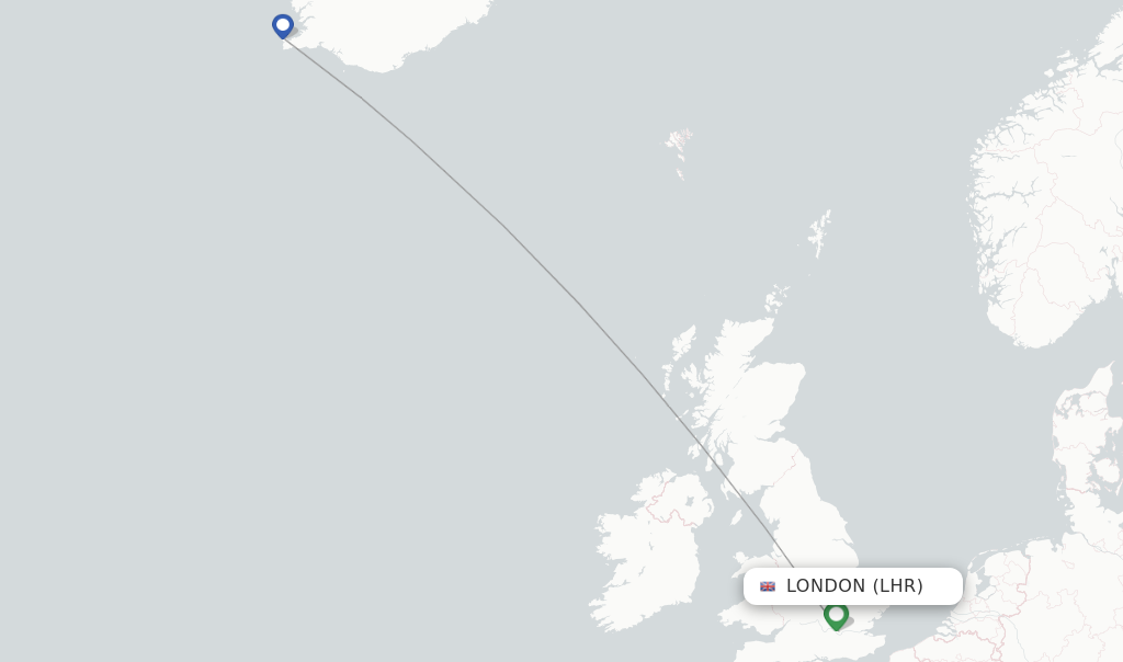 Route map with flights from London with Icelandair