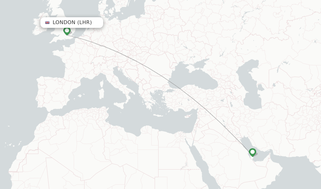 Route map with flights from London with Qatar Airways