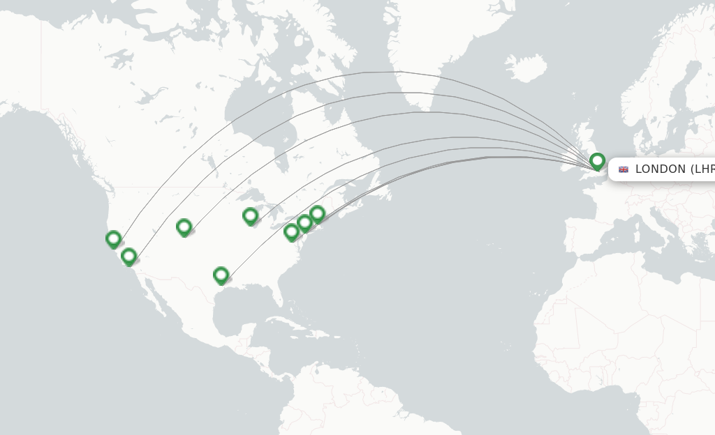 Route map with flights from London with United Airlines