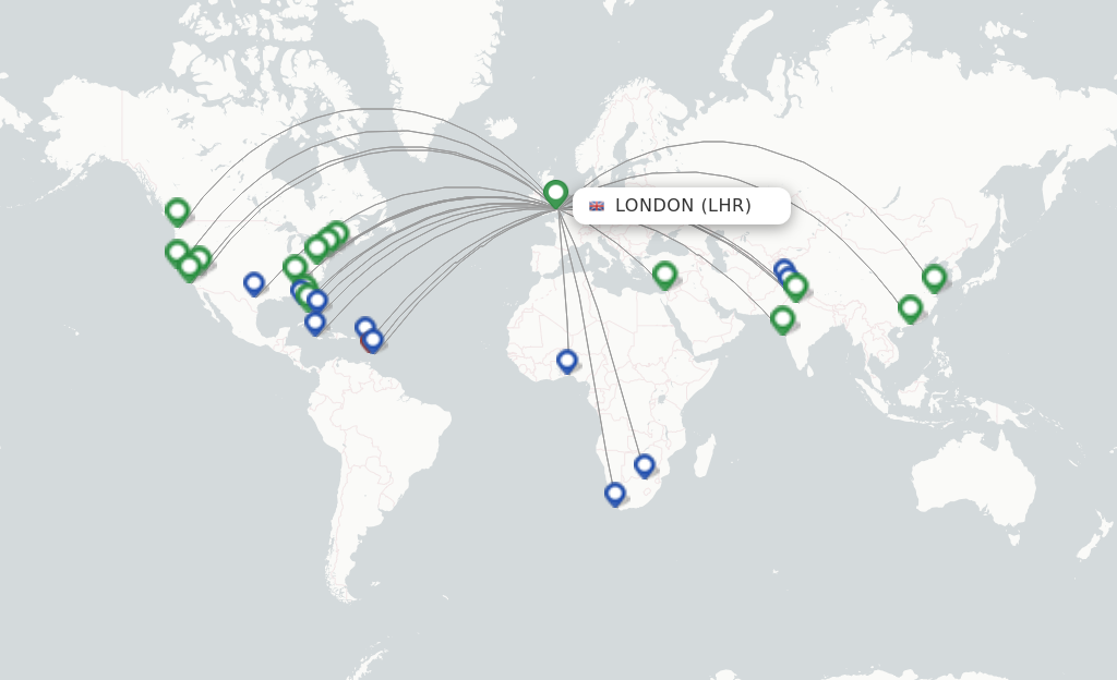 Route map with flights from London with Virgin Atlantic
