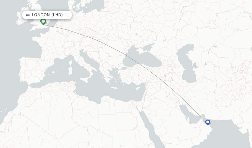Route map with flights from London with Oman Air