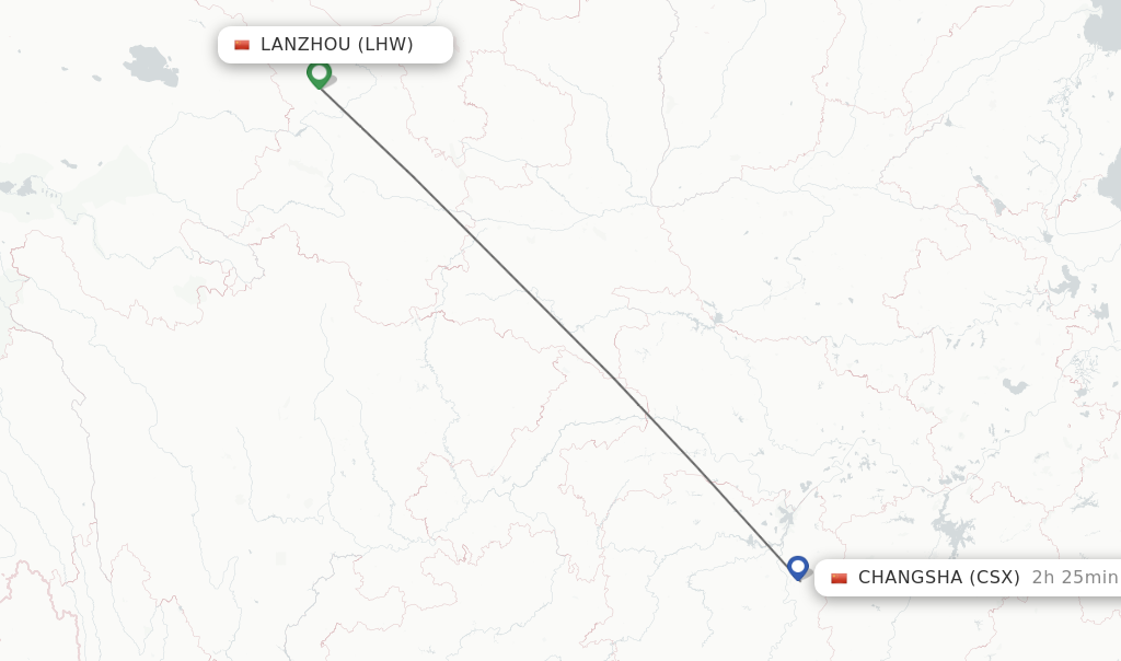 Flights from Lanzhou to Changsha route map