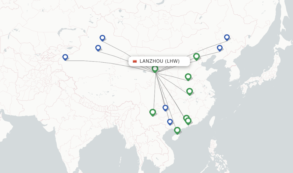 Route map with flights from Lanzhou with China Southern