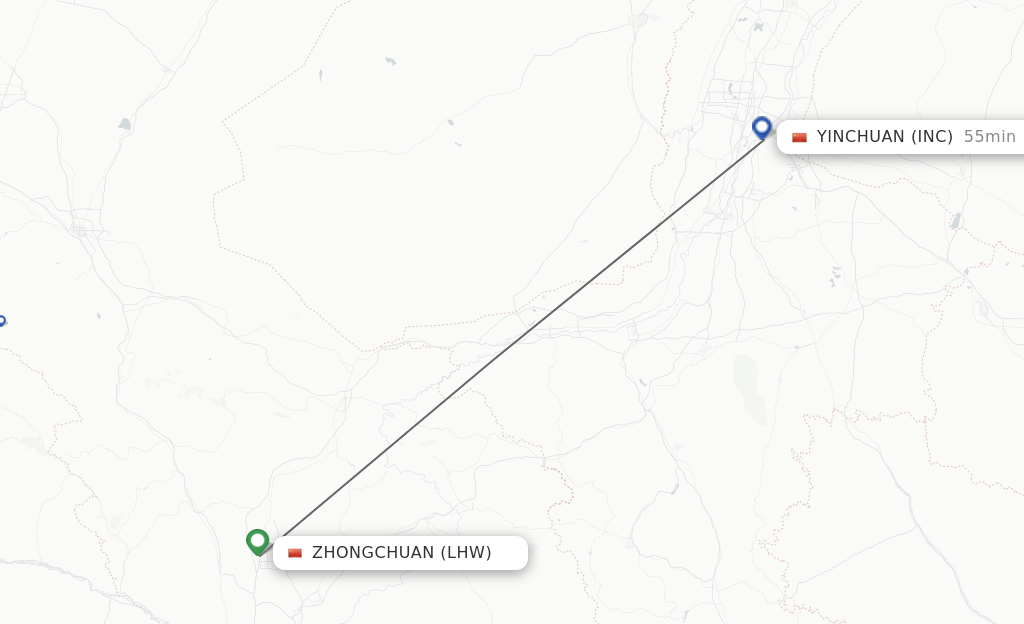 Flights from Lanzhou to Yinchuan route map