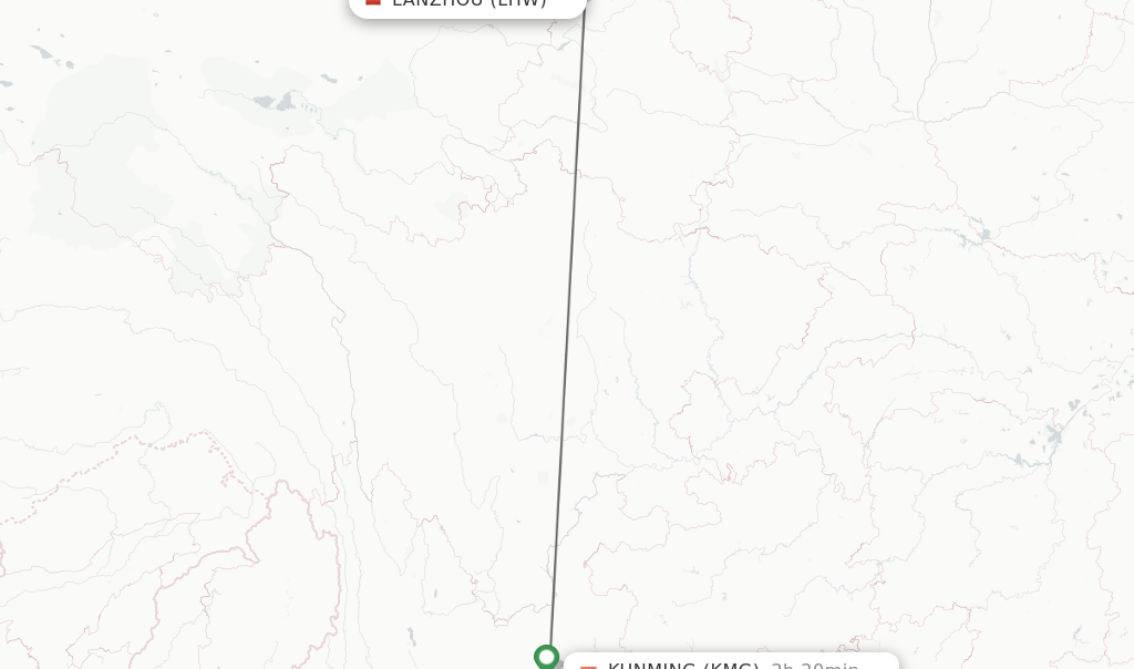 Flights from Lanzhou to Kunming route map