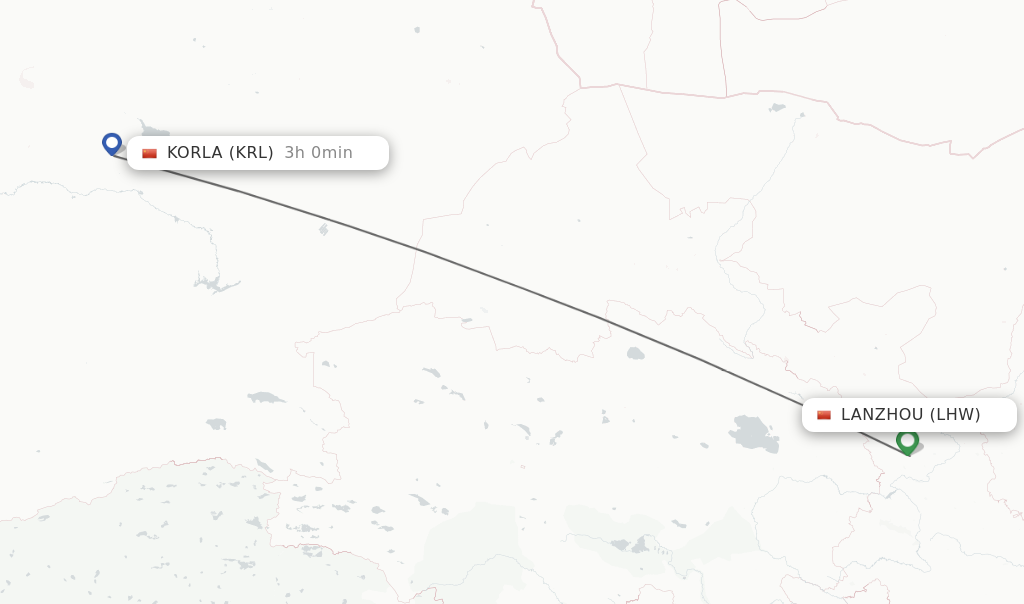 Flights from Lanzhou to Korla route map