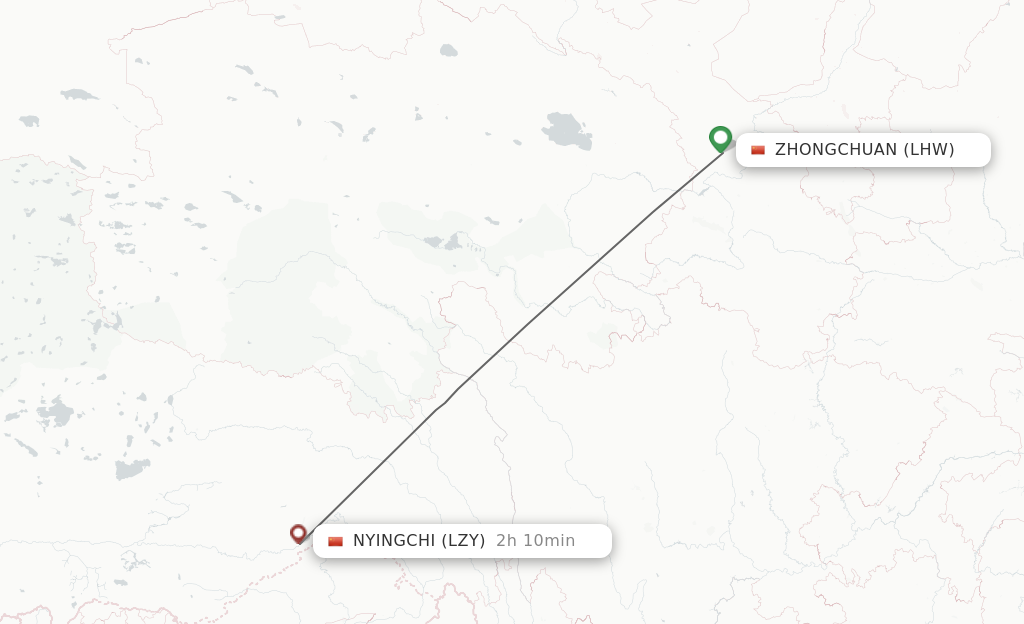 Flights from Zhongchuan to Nyingchi route map