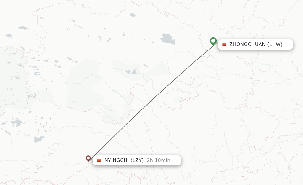Flights from Lanzhou to Nyingchi route map
