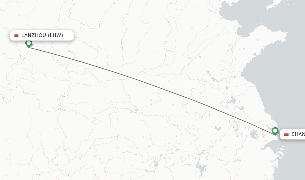 Flights from Lanzhou to Shanghai route map