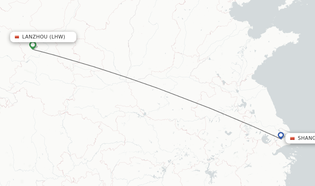 Flights from Lanzhou to Shanghai route map