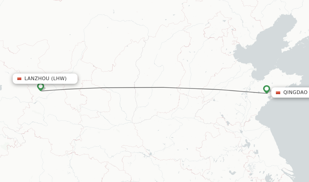 Flights from Lanzhou to Qingdao route map