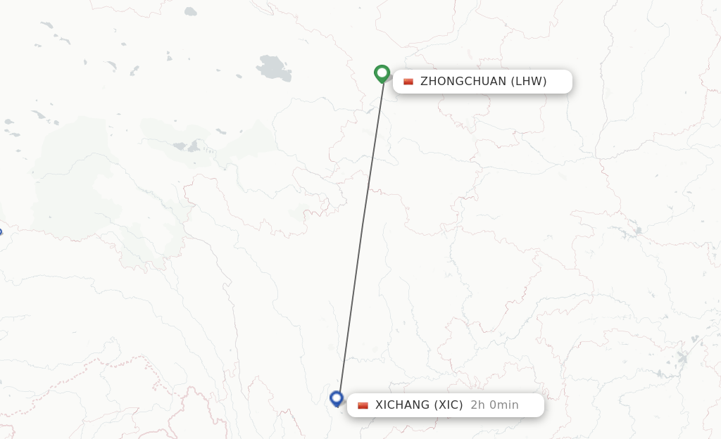Flights from Lanzhou to Xichang route map