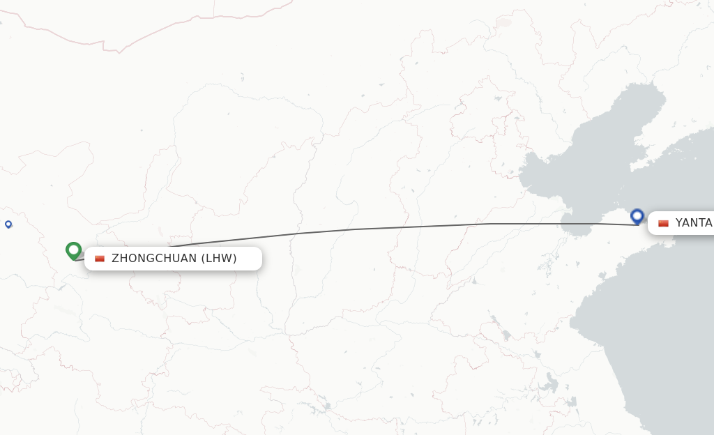 Flights from Lanzhou to Yantai route map
