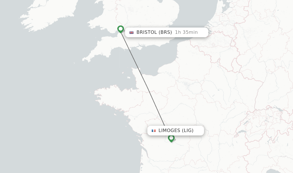 Flights from Limoges to Bristol route map