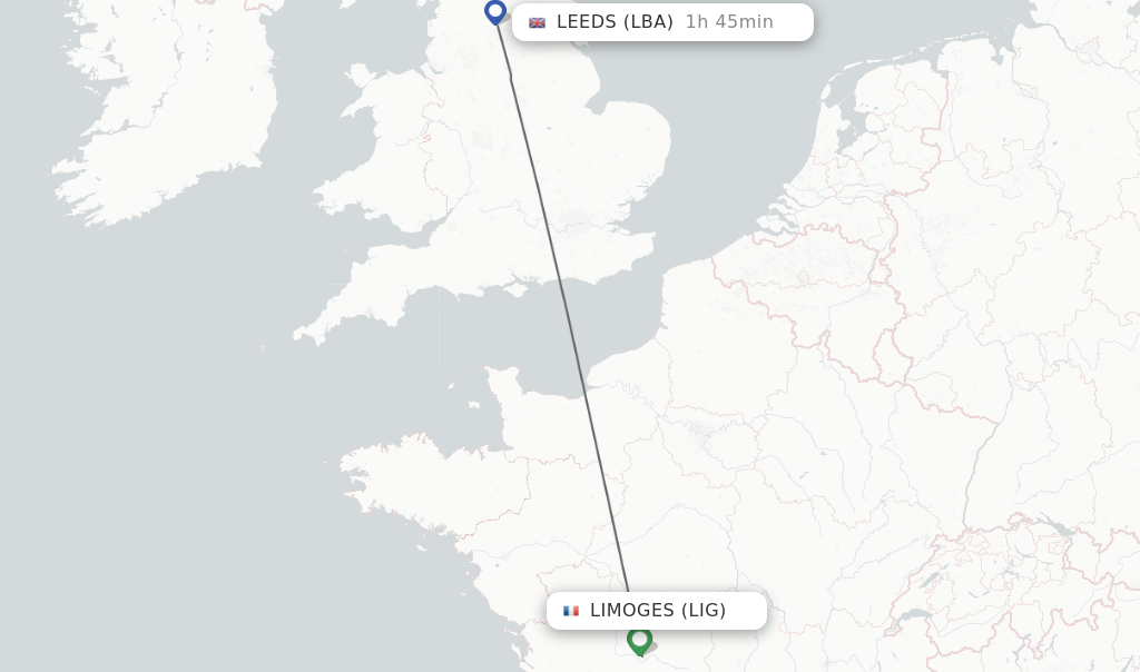 Flights from Limoges to Leeds route map