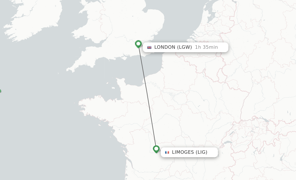 Flights from Limoges to London route map