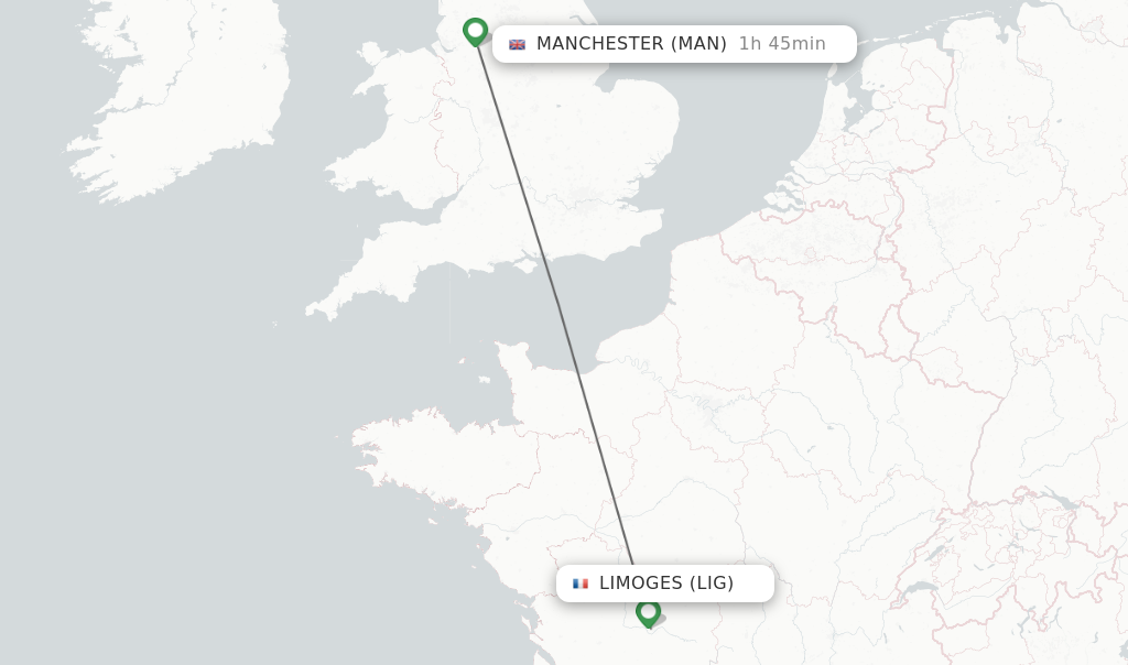 Flights from Limoges to Manchester route map