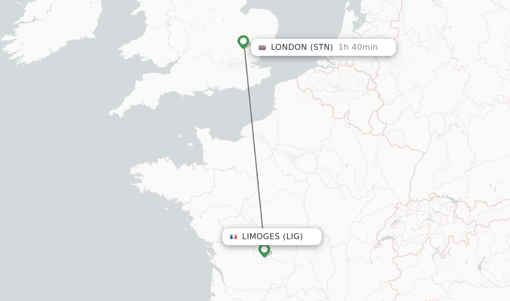 Flights from Limoges to London route map