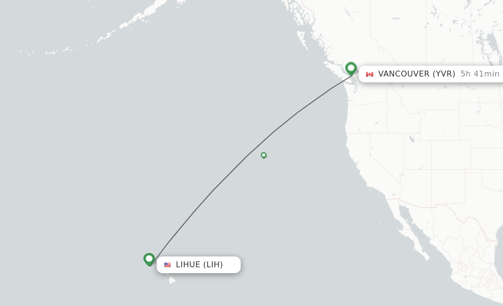 Flights from Kauai Island to Vancouver route map