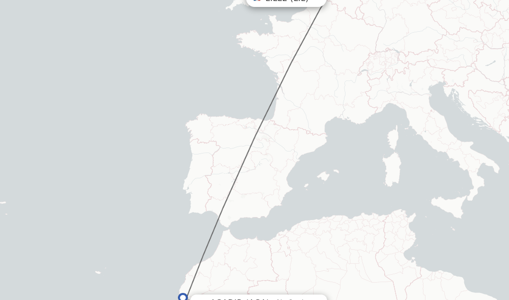 Flights from Lille to Agadir route map